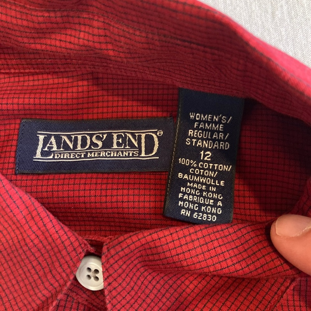 Vintage Lands End Shirt Womens 12 Red Micro Check Cotton Button Down L/S 90s - Picture 2 of 13